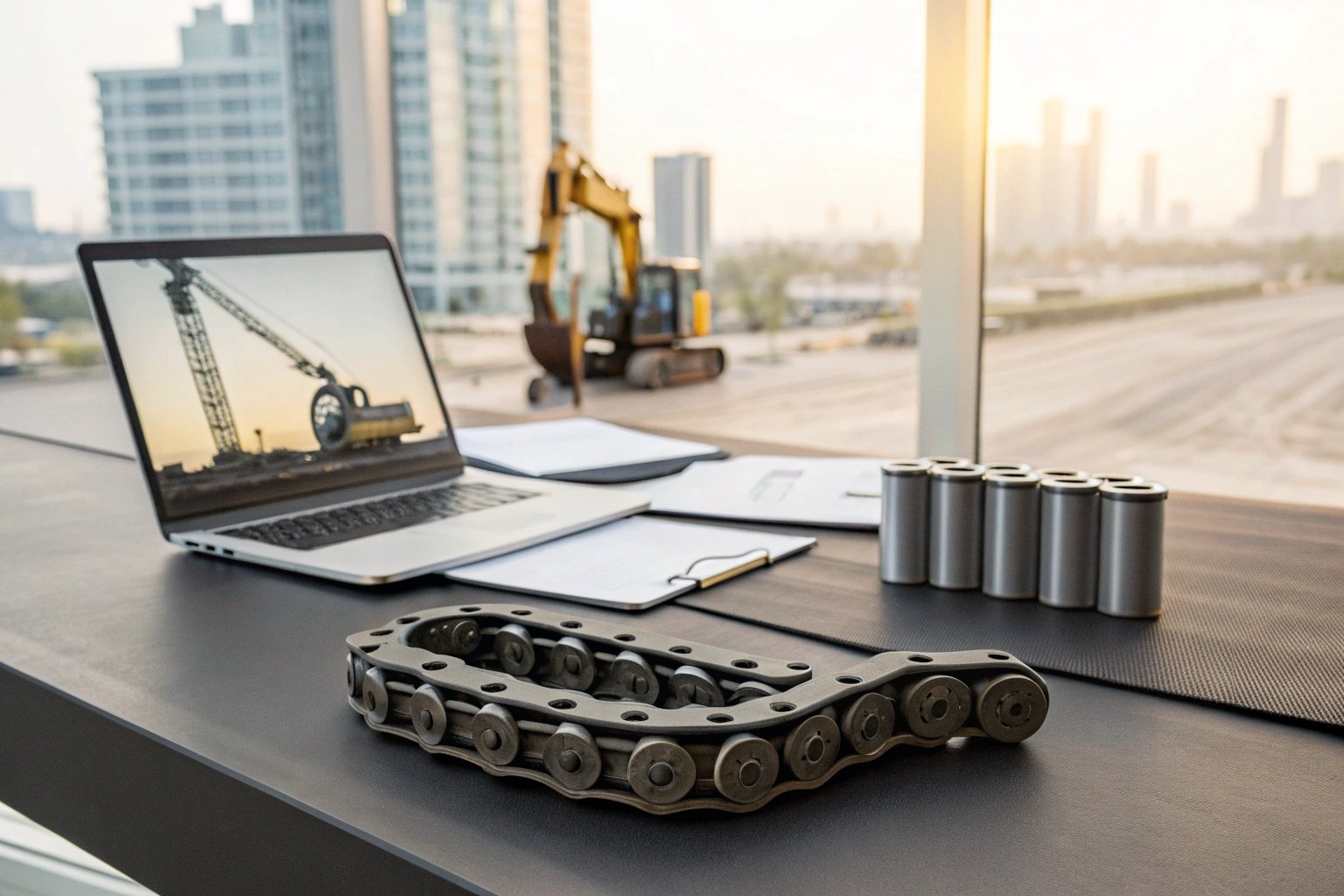 صورة لجهاز كمبيوتر محمول ومصفاة وجنزير معدات بناء على طاولة بجوار نافذة، في موقع إنشاءات.